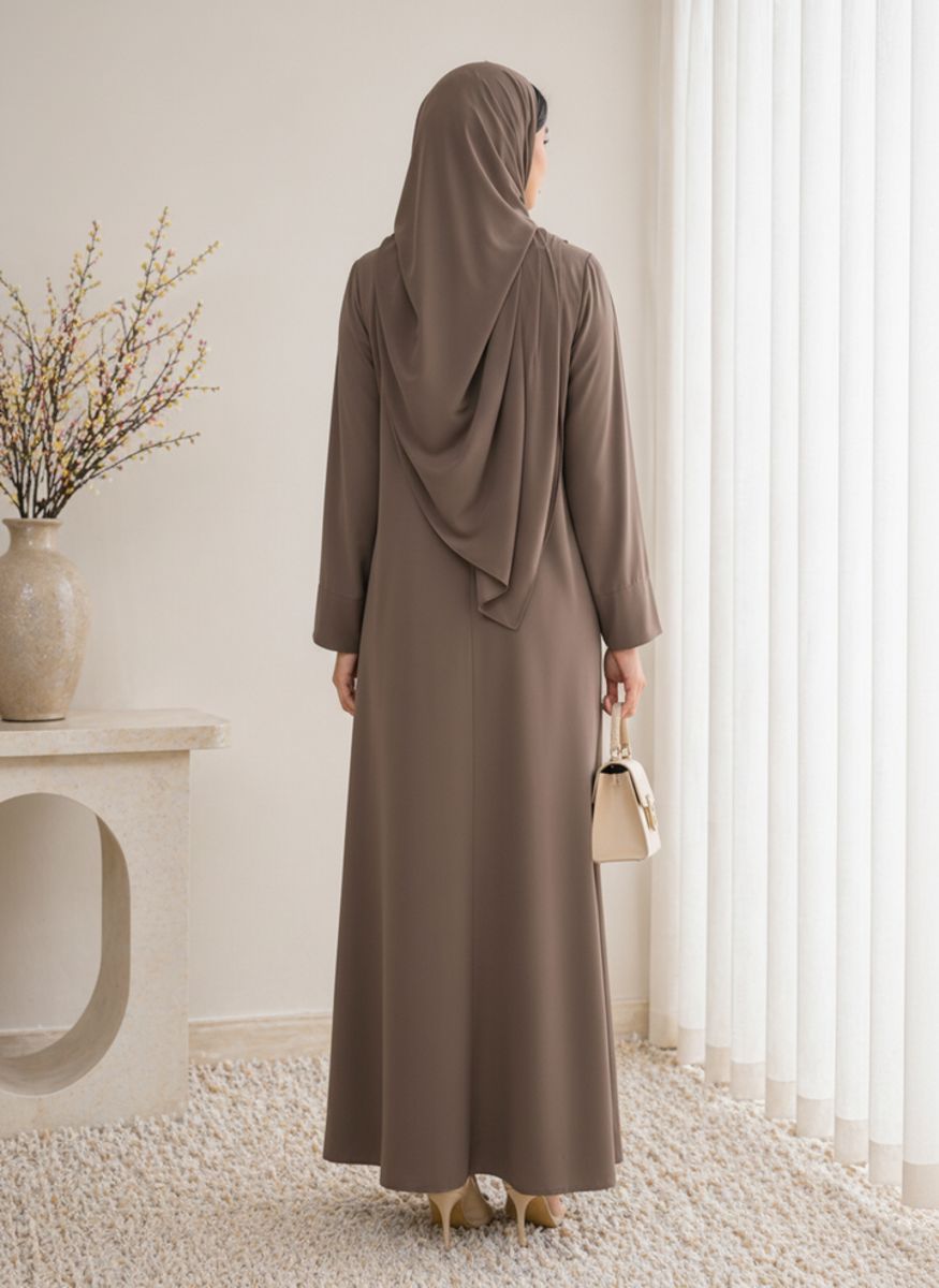 Brown Korean Nida Abaya - Asymmetrical Button Design with Matching Chiffon Headscarf Msquare Fashion - Women's Abayas 3