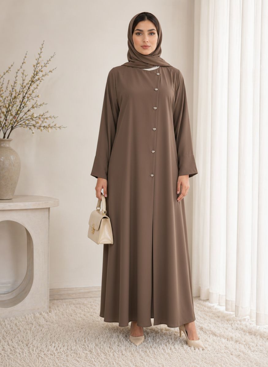 Brown Korean Nida Abaya - Asymmetrical Button Design with Matching Chiffon Headscarf Msquare Fashion - Women's Abayas 9
