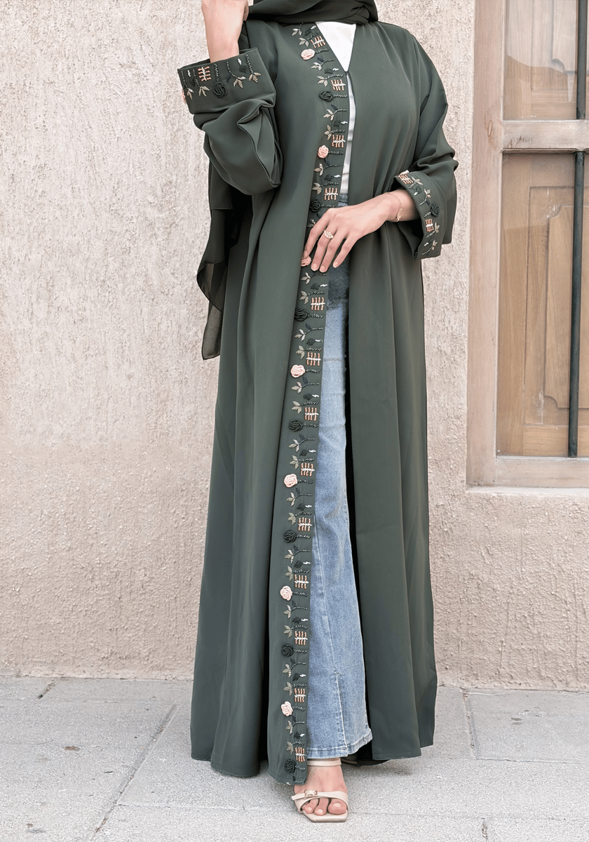 Msquare Fashion Hand-Embroidered Green Barbie Crepe Abaya with Headscarf