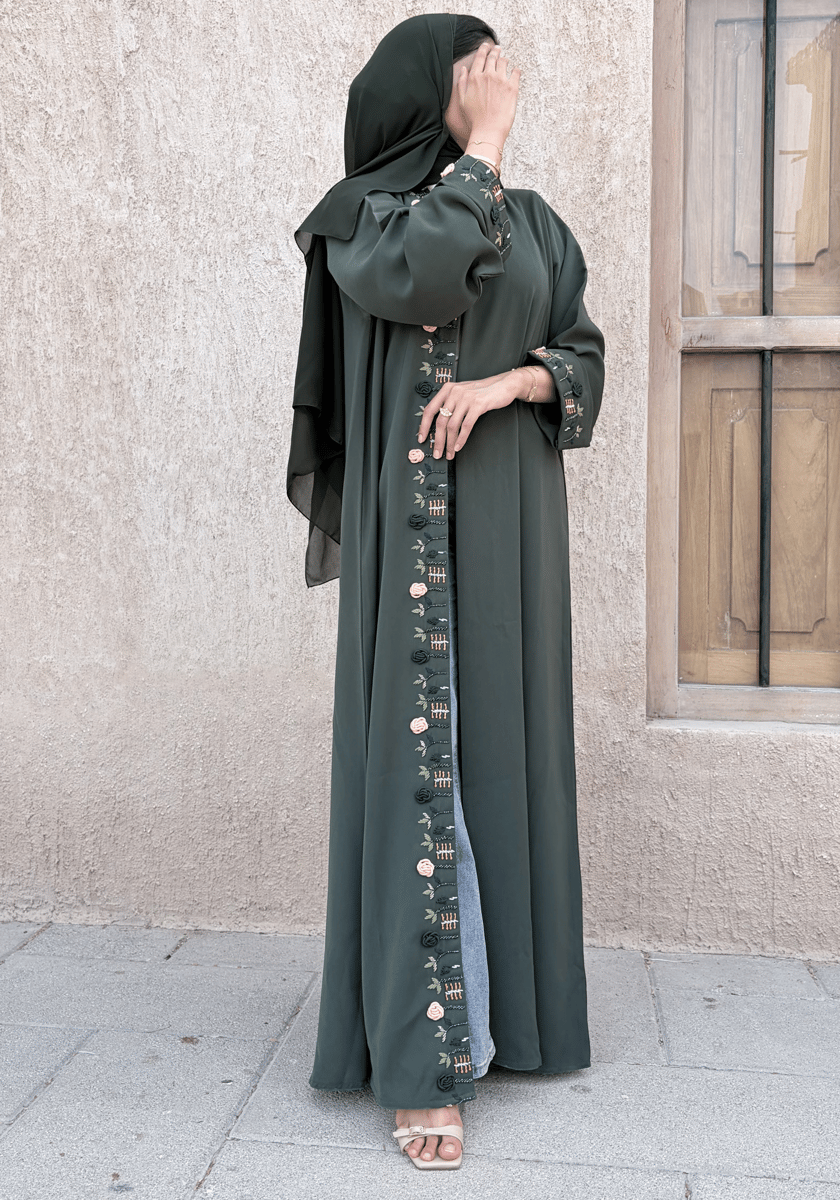 Msquare Fashion Hand-Embroidered Green Barbie Crepe Abaya with Headscarf