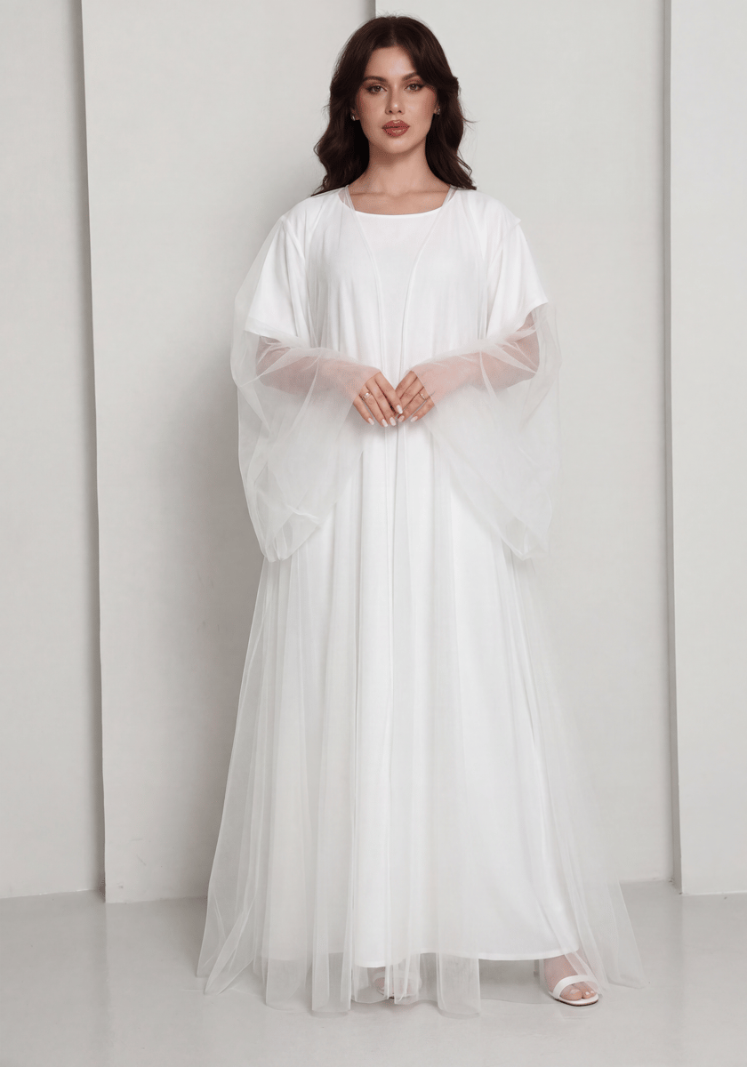 Msquare Fashion White Tulle Net Designer Abaya