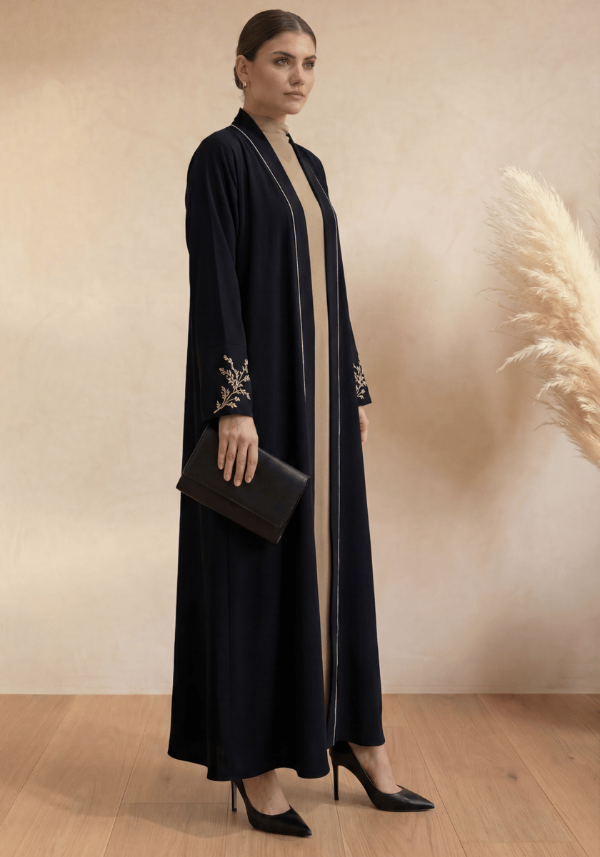 Msquare Fashion Black Kimono Abaya with Gold Embroidery and Chiffon Hijab