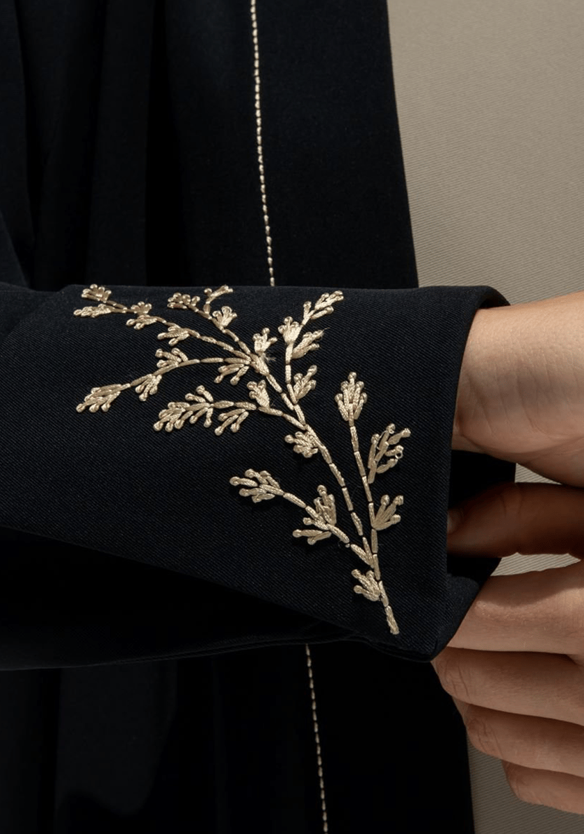Msquare Fashion Black Kimono Abaya with Gold Embroidery and Chiffon Hijab
