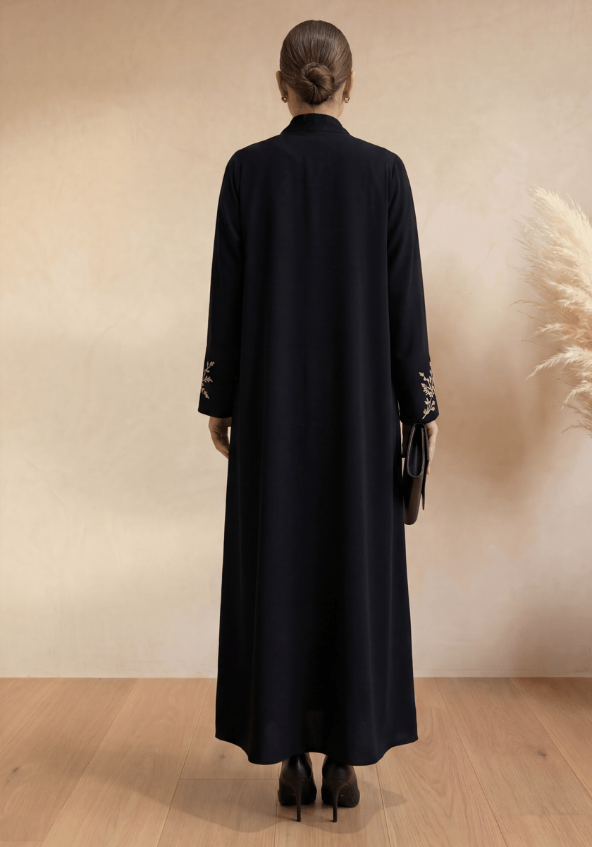 Msquare Fashion Black Kimono Abaya with Gold Embroidery and Chiffon Hijab