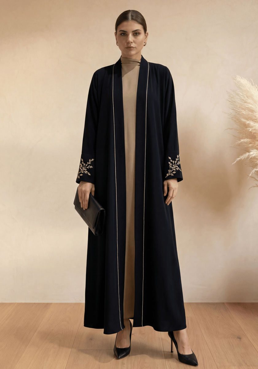 Msquare Fashion Black Kimono Abaya with Gold Embroidery and Chiffon Hijab