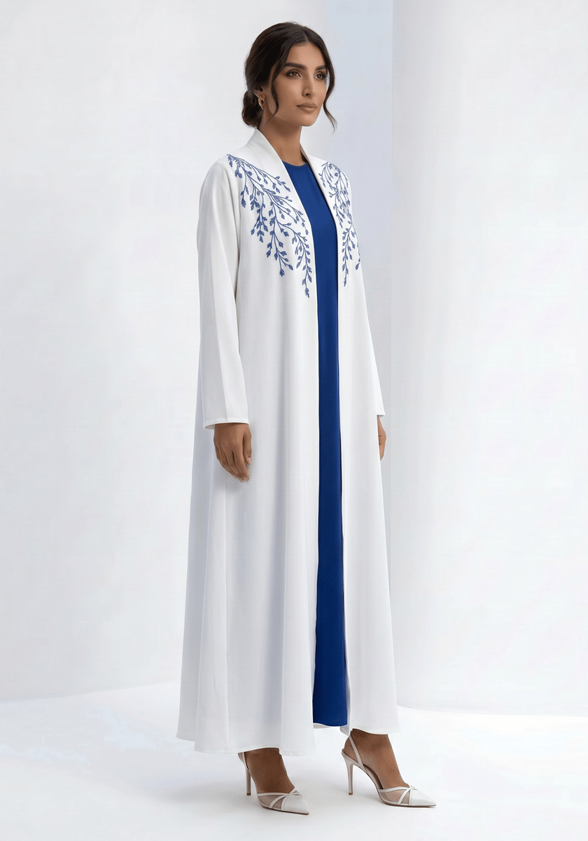 White Abaya with Blue Threadwork Embroidery and Royal Blue Inner Dress