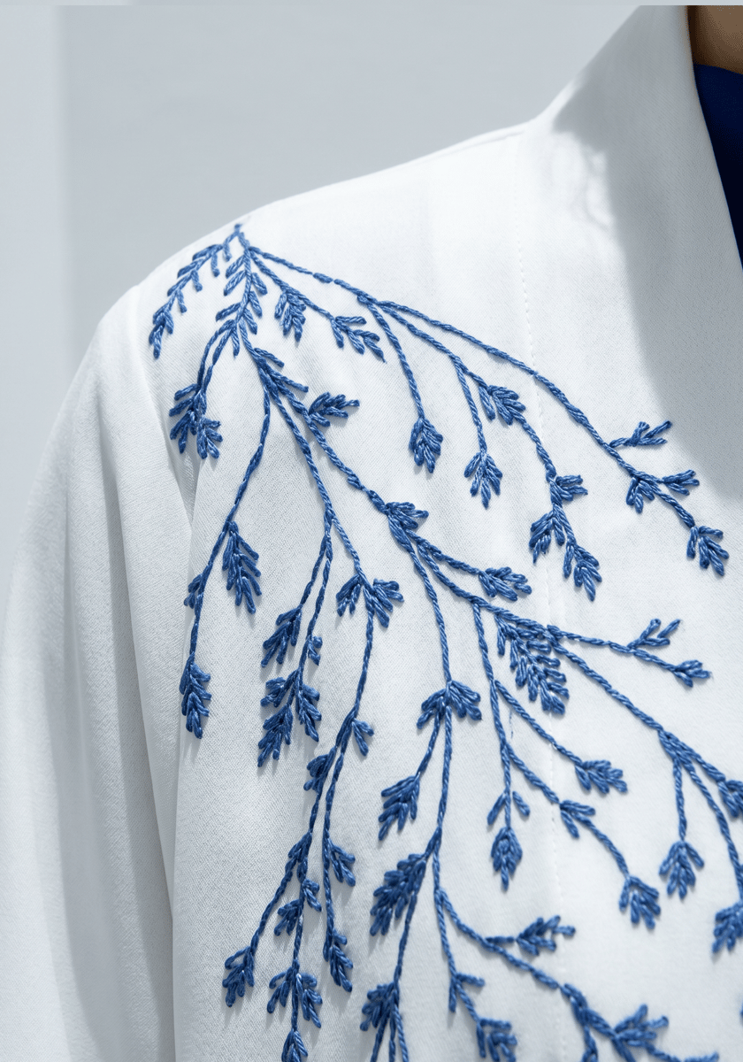 White Abaya with Blue Threadwork Embroidery and Royal Blue Inner Dress