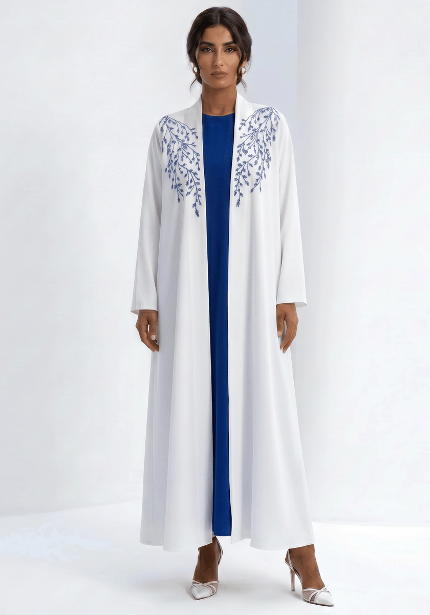 White Abaya with Blue Threadwork Embroidery and Royal Blue Inner Dress