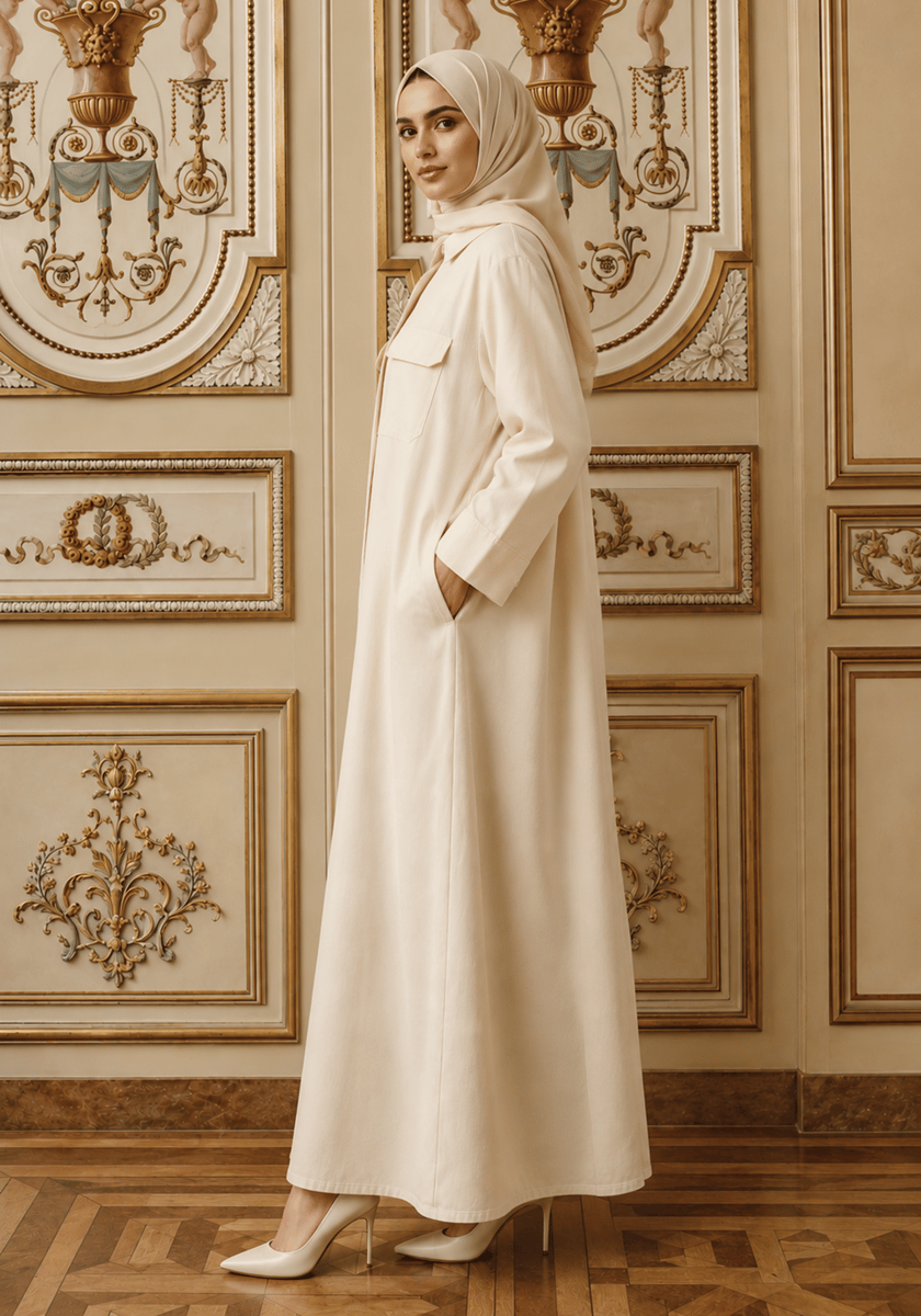 Msquare Fashion Cream Shirt-Style Abaya with Collar and Cargo Pockets
