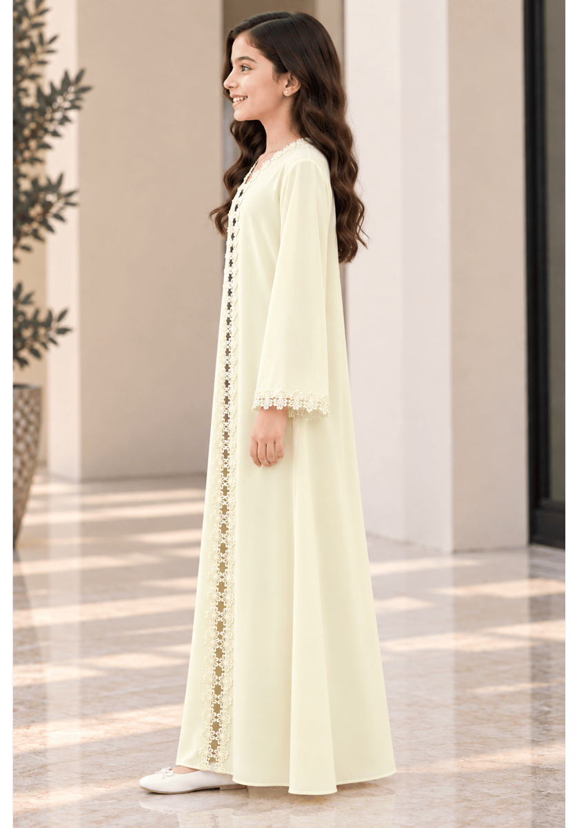 Msquare Fashion Girls’ Pastel Yellow Nida Abaya with Lace and Headscarf