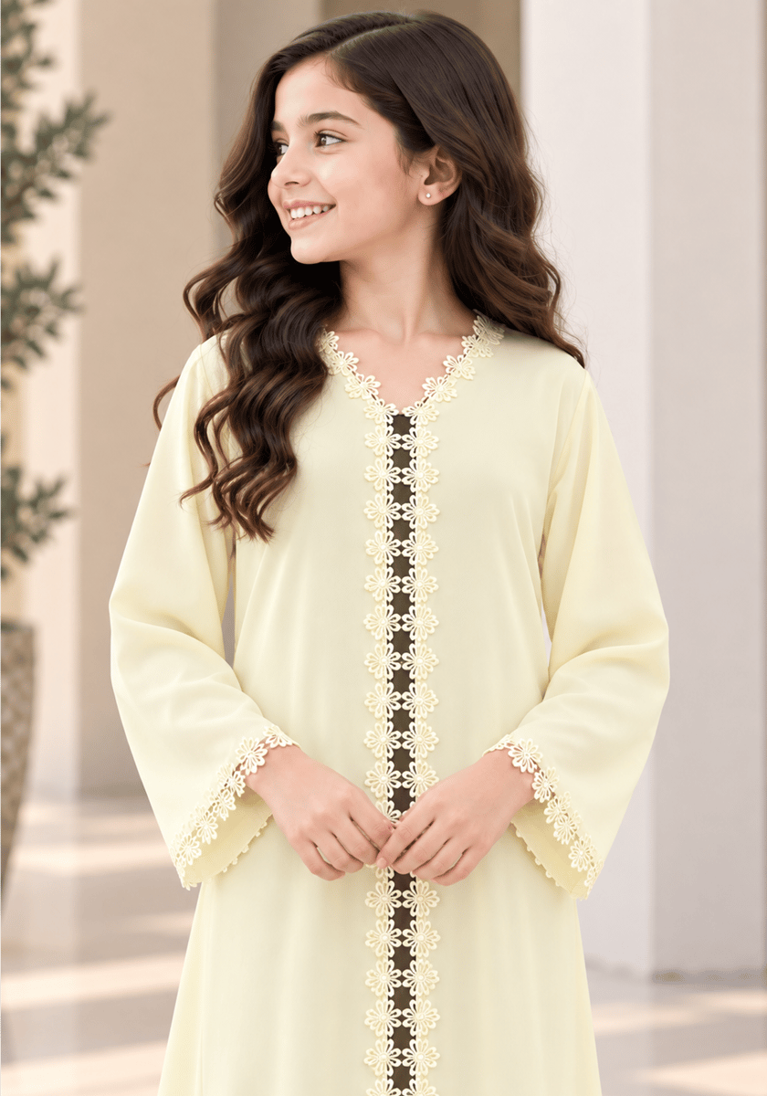 Msquare Fashion Girls’ Pastel Yellow Nida Abaya with Lace and Headscarf