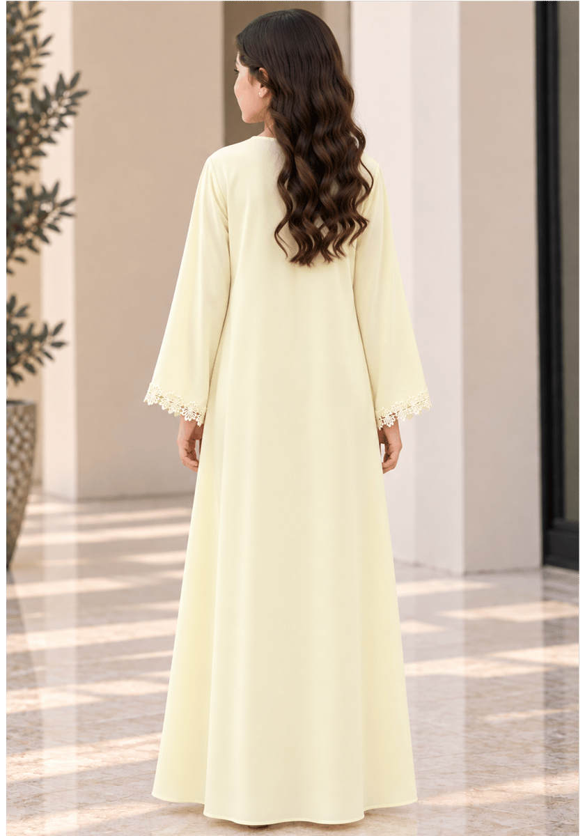 Msquare Fashion Girls’ Pastel Yellow Nida Abaya with Lace and Headscarf