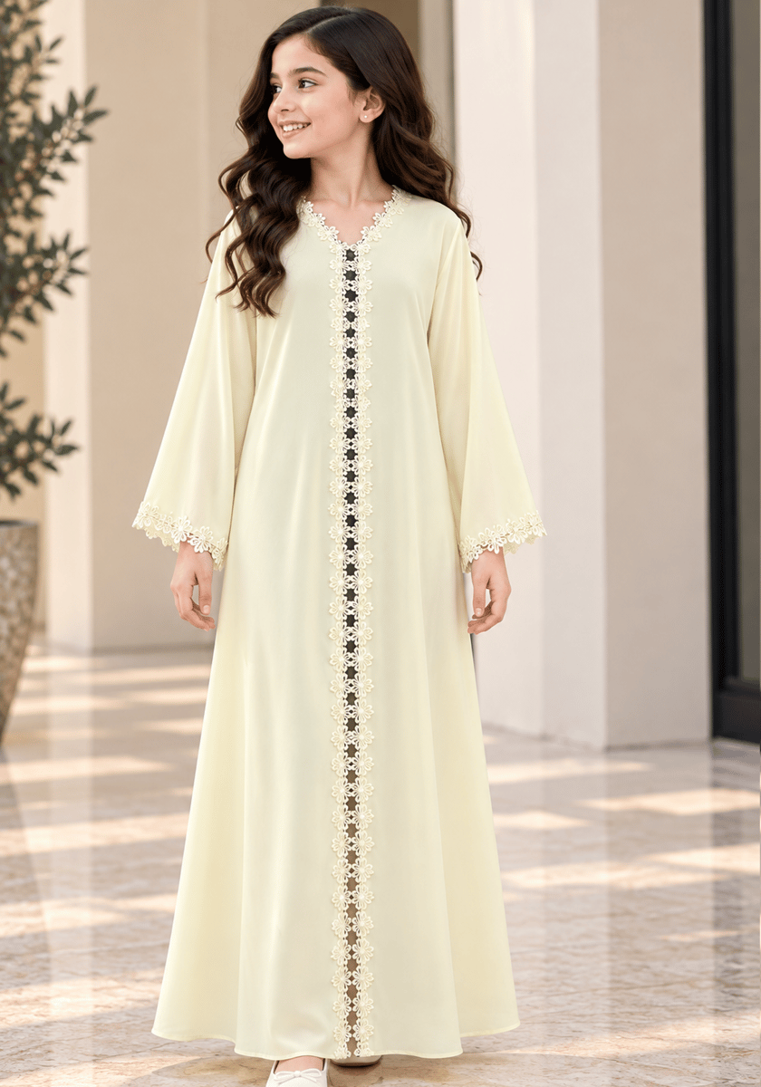 Msquare Fashion Girls’ Pastel Yellow Nida Abaya with Lace and Headscarf