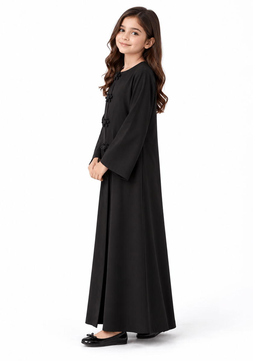 Msquare Fashion Girls’ Black Bella Crepe Abaya with Flower Buttons