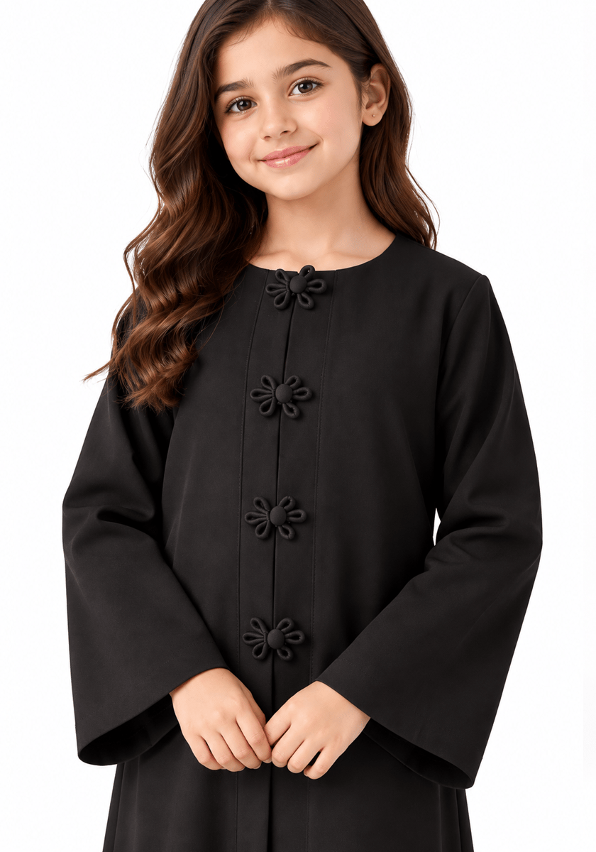 Msquare Fashion Girls’ Black Bella Crepe Abaya with Flower Buttons