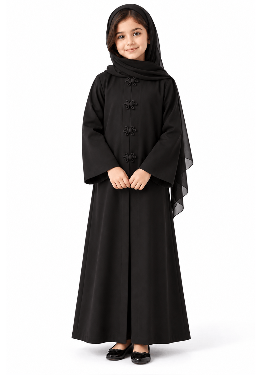 Msquare Fashion Girls’ Black Bella Crepe Abaya with Flower Buttons