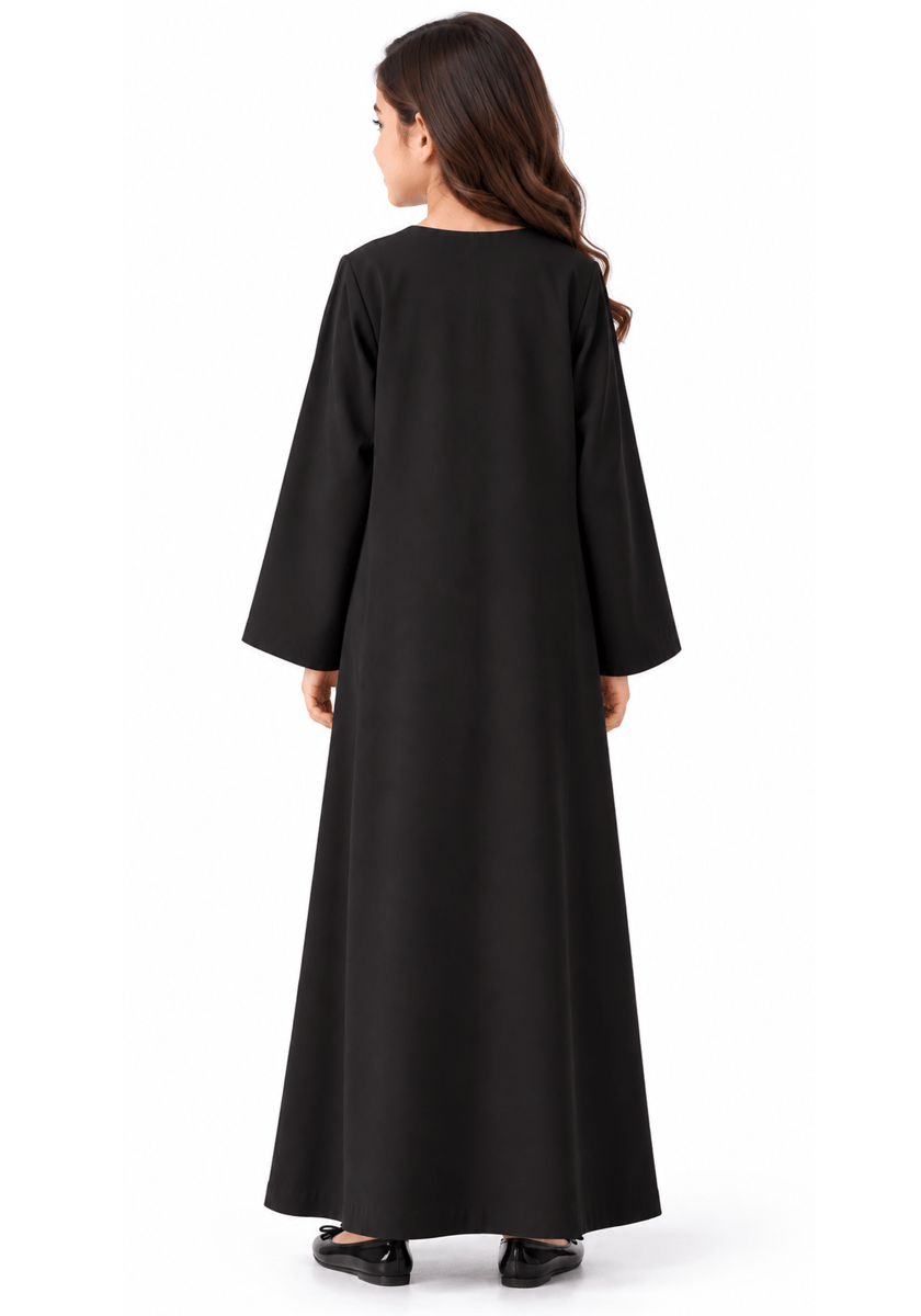 Msquare Fashion Girls’ Black Bella Crepe Abaya with Flower Buttons