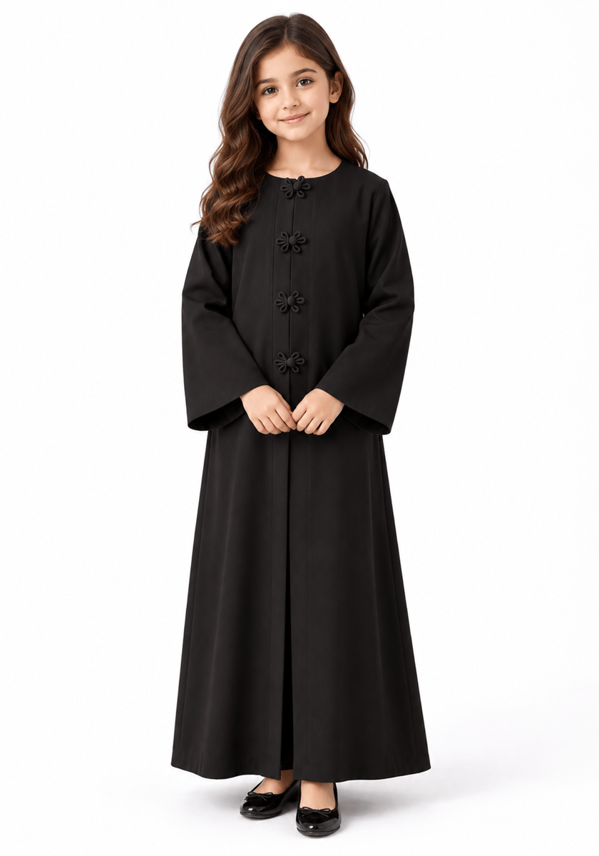 Msquare Fashion Girls’ Black Bella Crepe Abaya with Flower Buttons