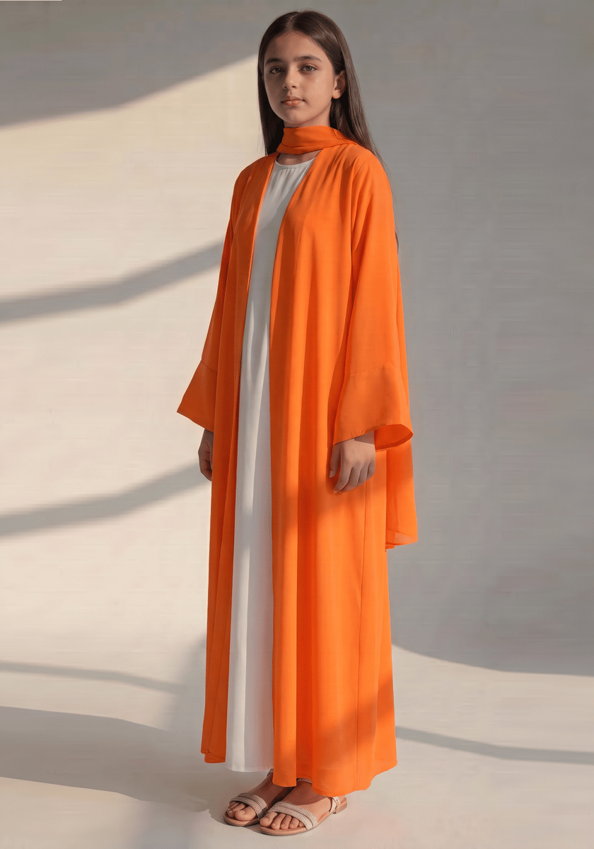 Kids Orange Korean Nida Abaya with White Inner Dress and Matching Scarf