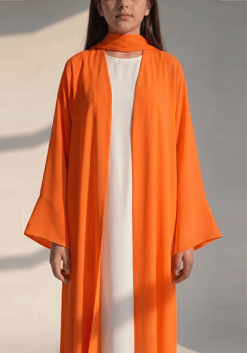 Kids Orange Korean Nida Abaya with White Inner Dress and Matching Scarf