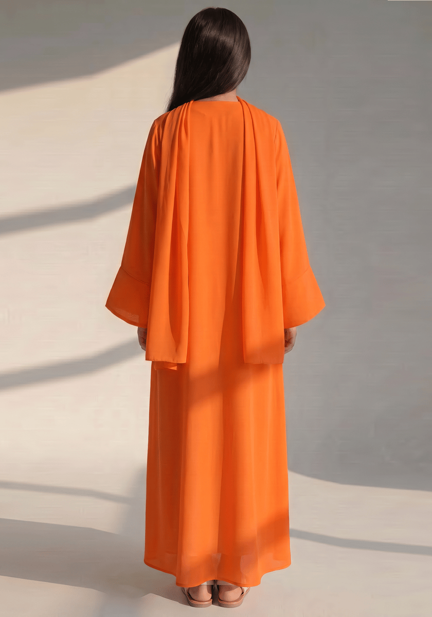 Kids Orange Korean Nida Abaya with White Inner Dress and Matching Scarf