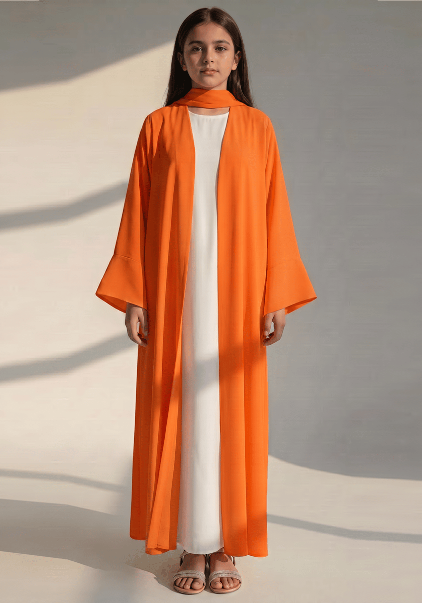 Kids Orange Korean Nida Abaya with White Inner Dress and Matching Scarf