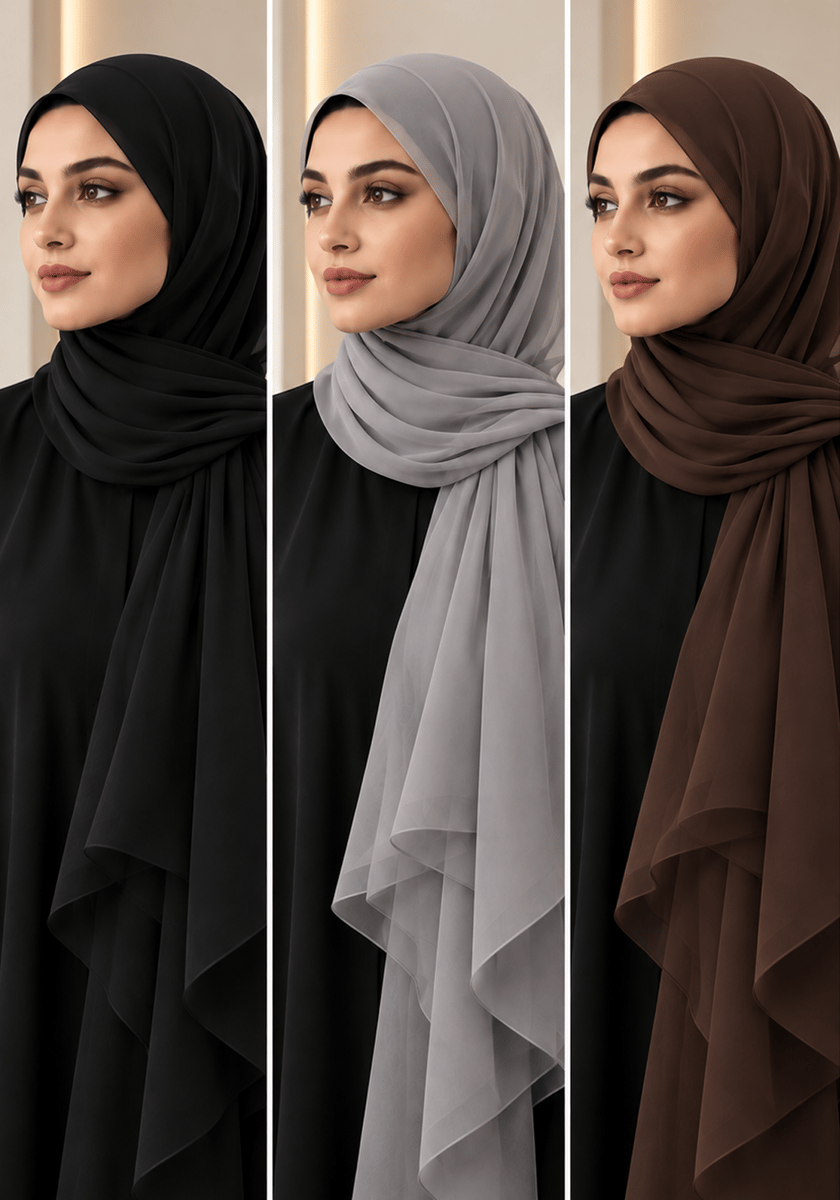 Chiffon Wool Shayla Set of 3 Non-Slip Premium Hijab Scarves, Brown, Grey, Black