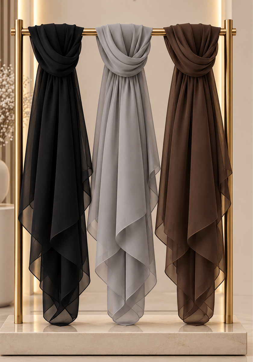 Chiffon Wool Shayla Set of 3 Non-Slip Premium Hijab Scarves, Brown, Grey, Black