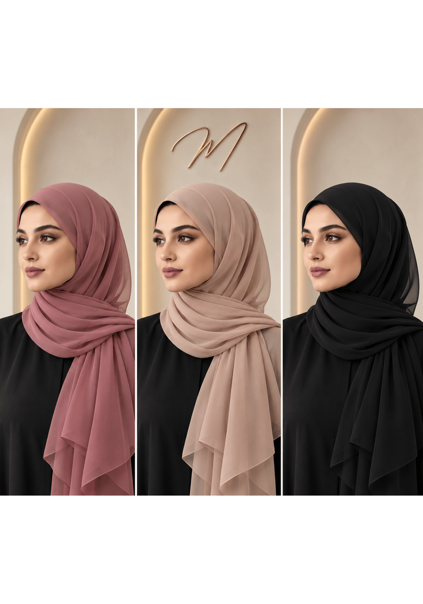 Chiffon Wool Shayla Set of 3 Non-Slip Premium Hijab Scarves, Black, Beige, Pink