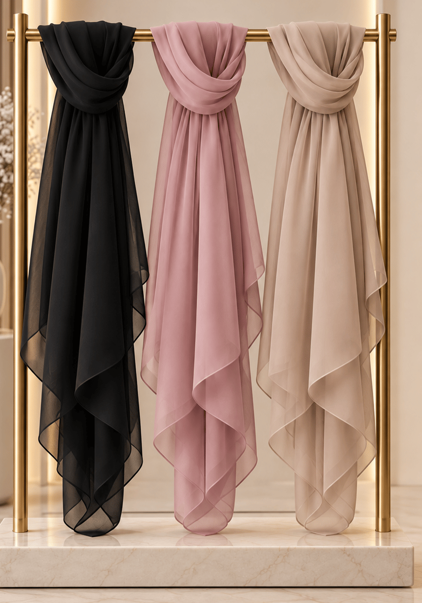 Chiffon Wool Shayla Set of 3 Non-Slip Premium Hijab Scarves, Black, Beige, Pink
