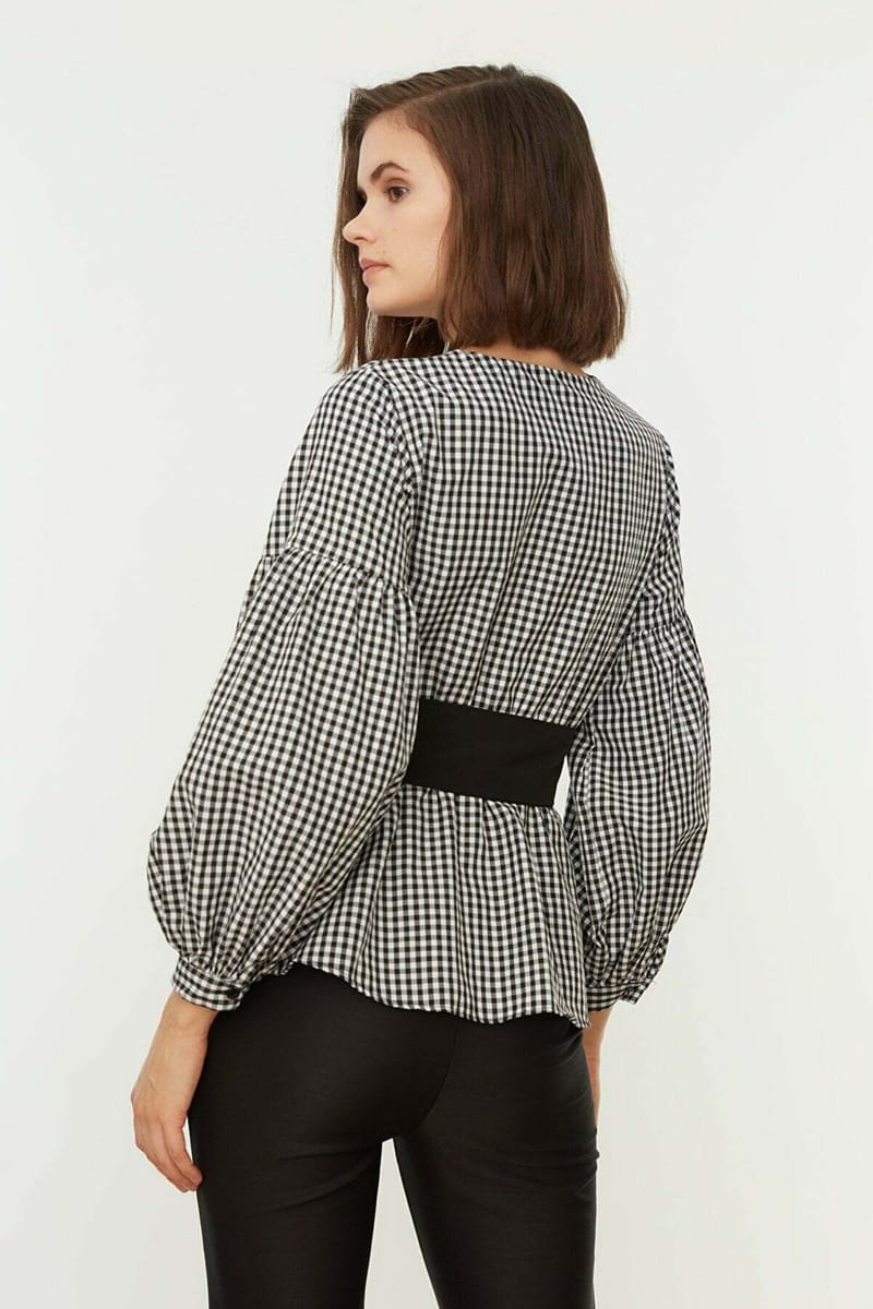 Black Belted Double-Breasted Weave Checkered Blouse - Shirts & Blouses 54