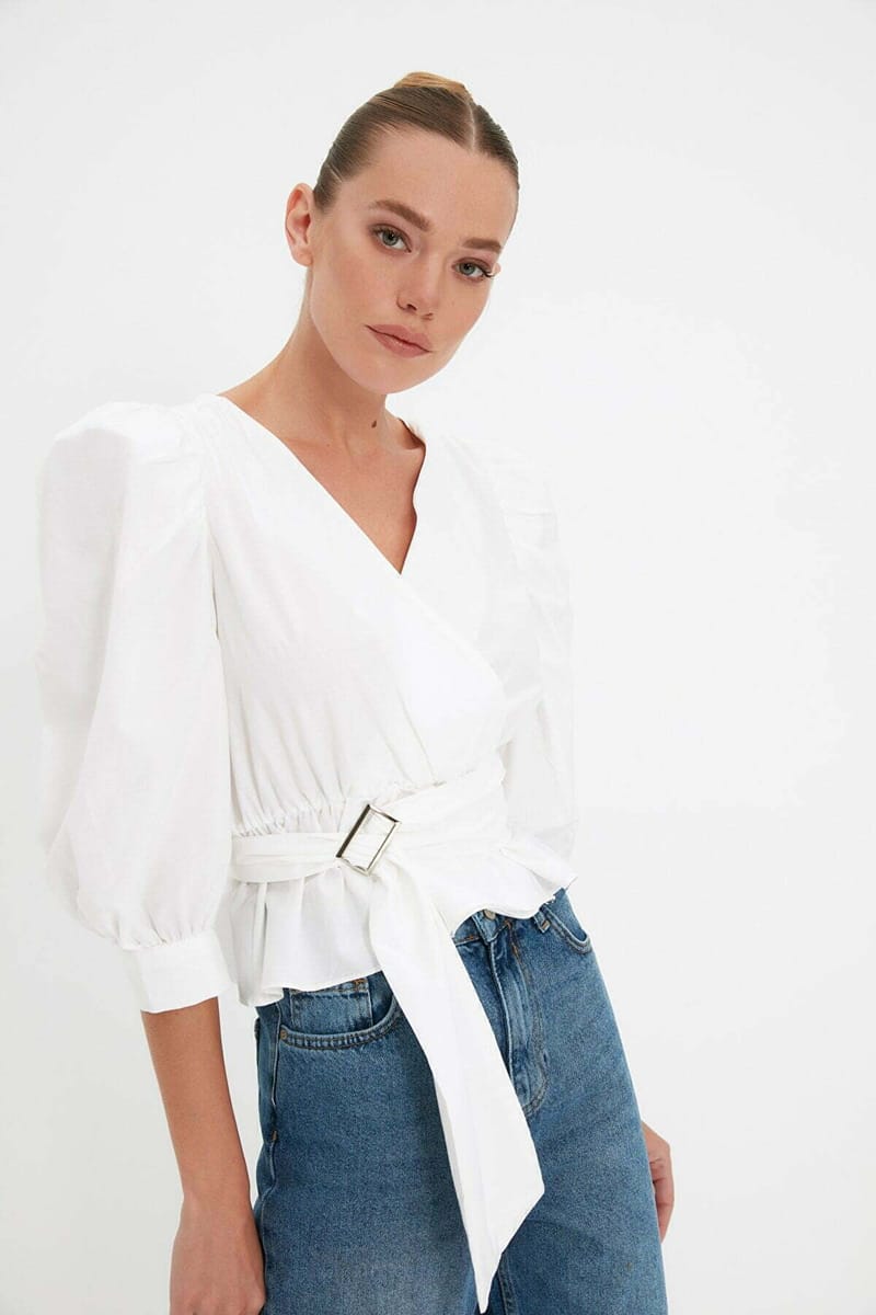 Solid Puff Sleeve Waist Tie-Up Wrap Top - Shirts & Blouses 42