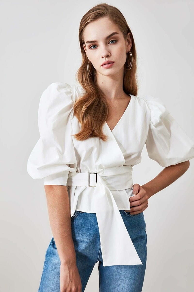 Solid Puff Sleeve Waist Tie-Up Wrap Top - Shirts & Blouses 47