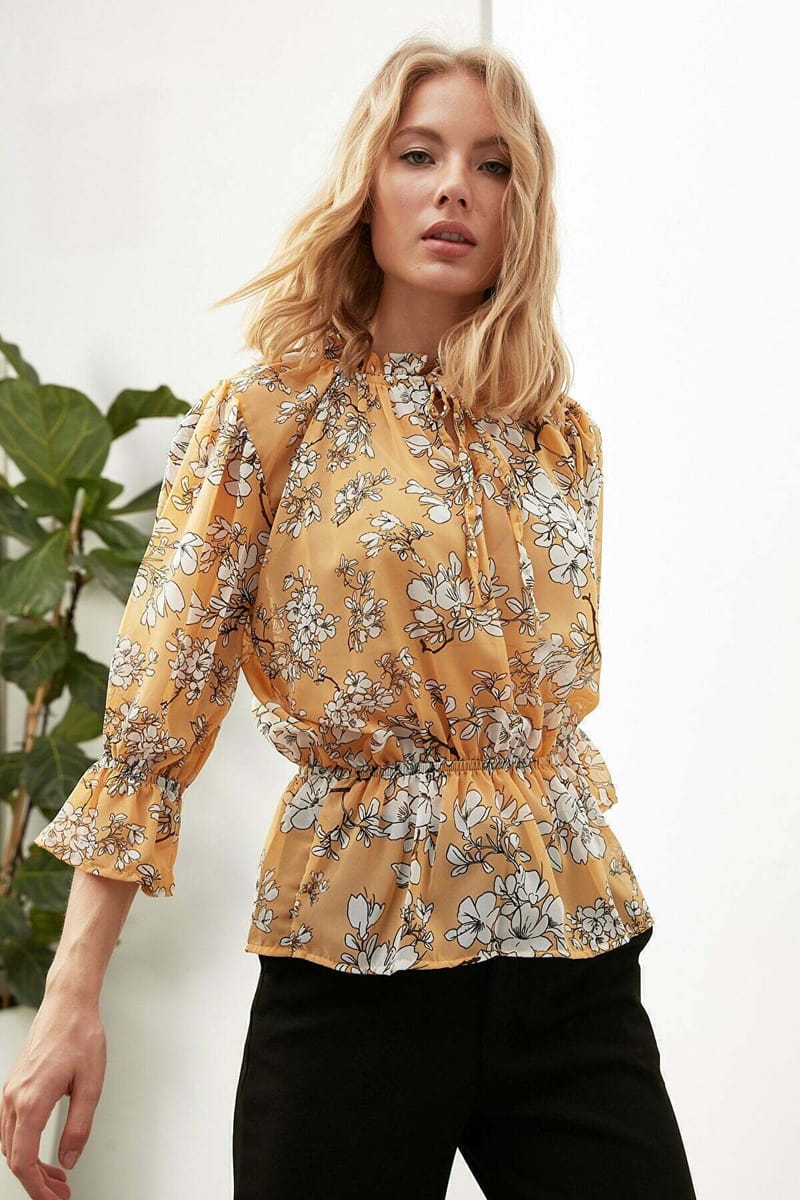 Floral Print Woven Top - Long Sleeve Tops 15