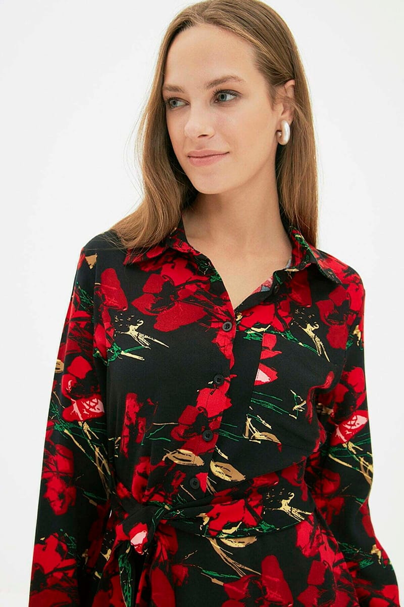 Shirt Collar Floral Patterned Belted Tunic - Tunics 16