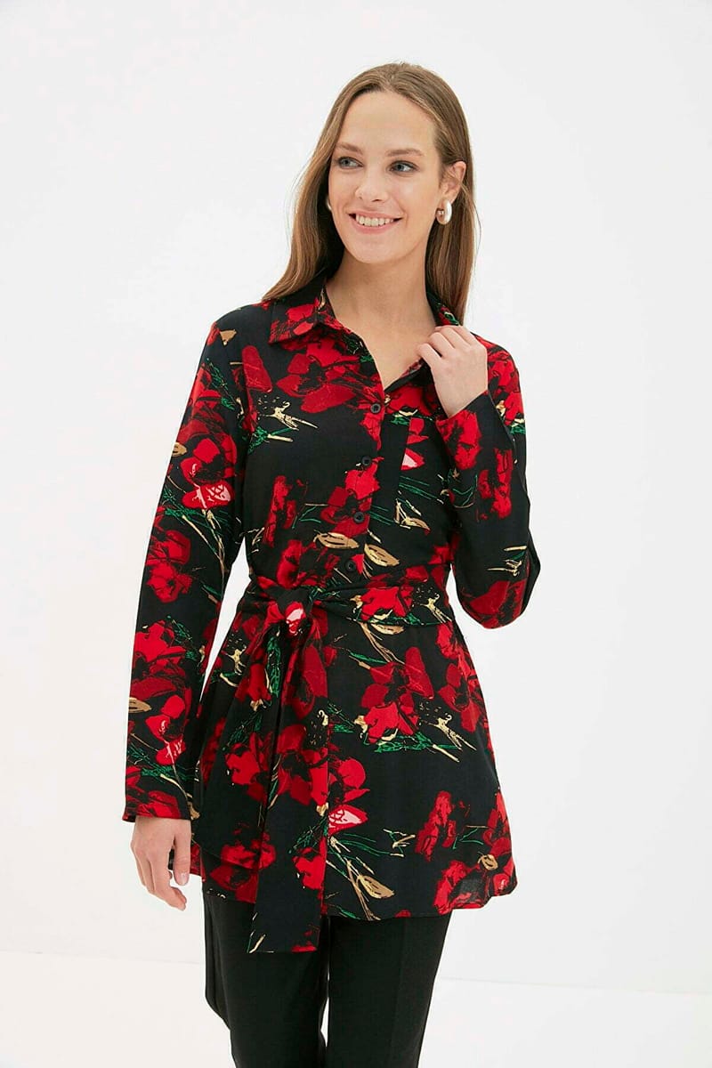 Shirt Collar Floral Patterned Belted Tunic - Tunics 15