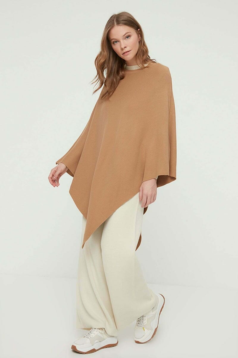 Camel Crew Neck Asymmetrical Poncho Sweater - Sweaters 10