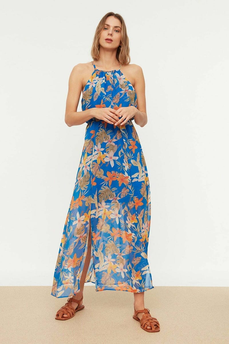 Flower Pattern Slit Dress - Maxi Dresses 20