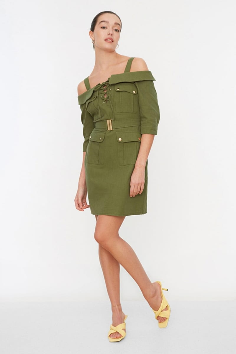 Lace Up Detail Cold Shoulder Dress - Mini Dresses 20