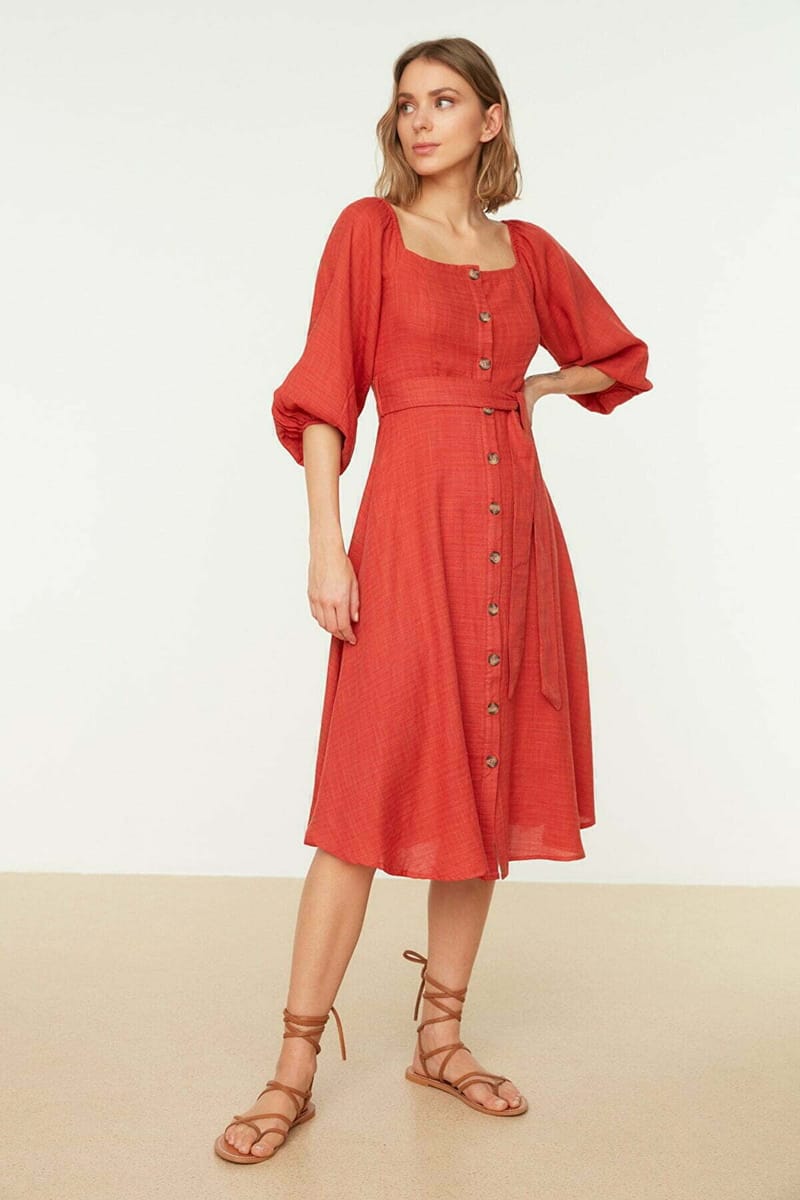 Balloon Sleeve Dress - Midi Dresses 24