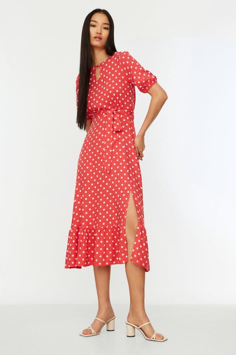 Side Split Ruffle Hem Spot Print Dress - Midi Dresses 28