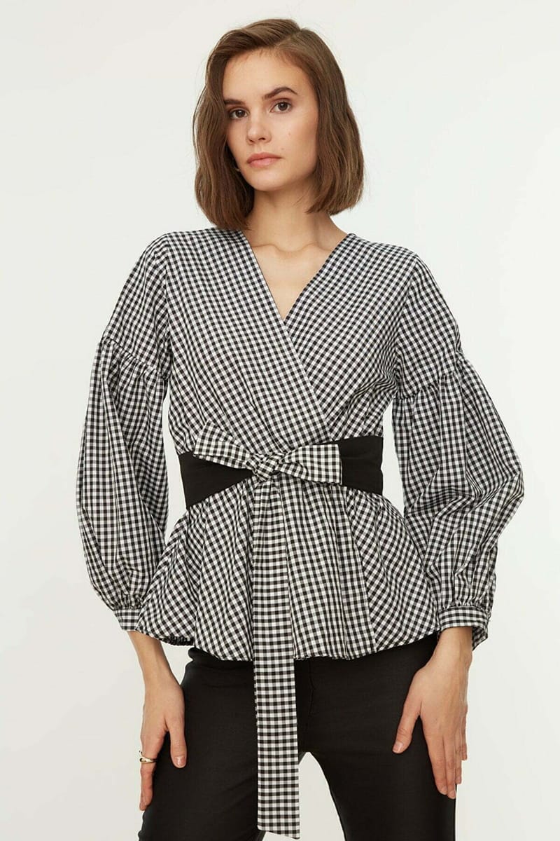 Black Belted Double-Breasted Weave Checkered Blouse - Shirts & Blouses 48