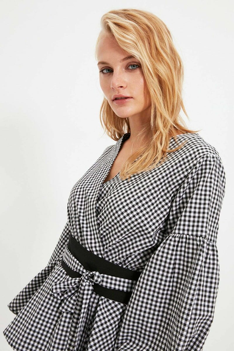 Black Belted Double-Breasted Weave Checkered Blouse - Shirts & Blouses 56