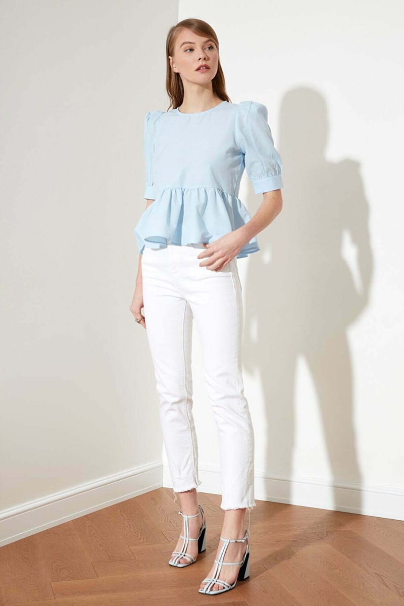 Puff Sleeve Peplum Top - Short Sleeve Tops 37