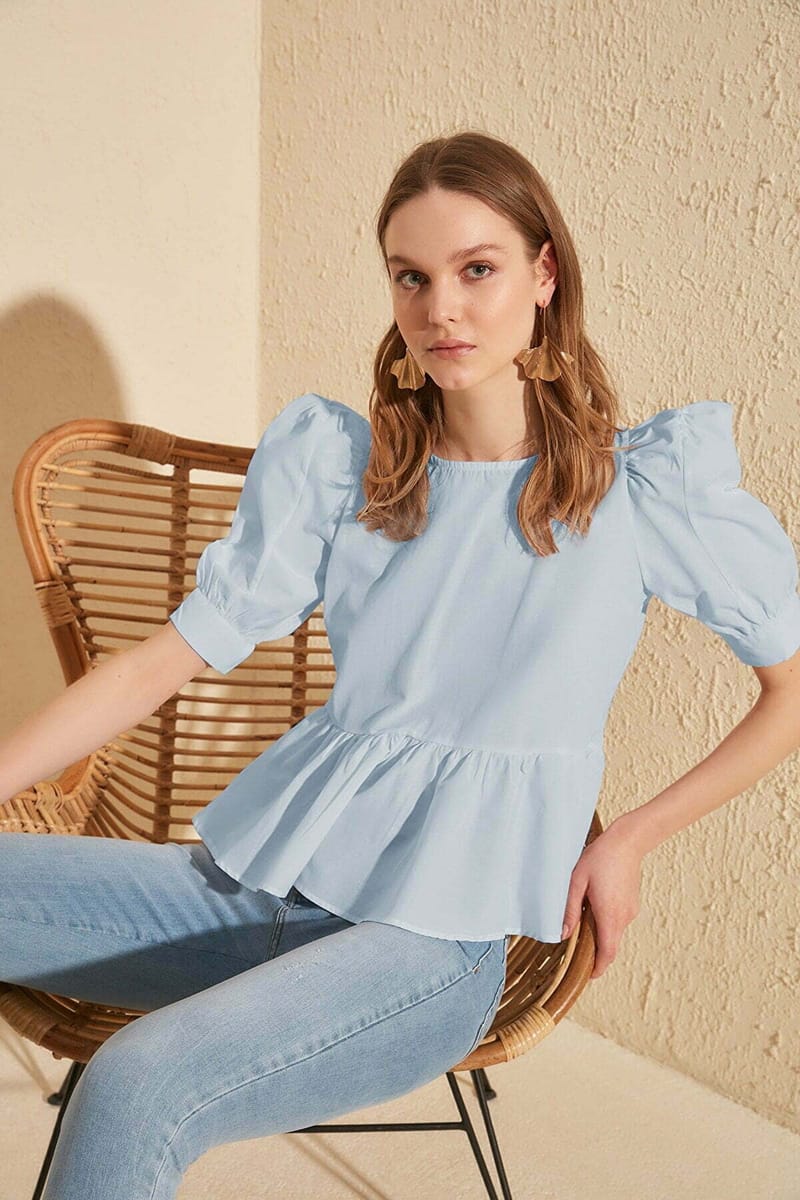 Puff Sleeve Peplum Top - Short Sleeve Tops 41