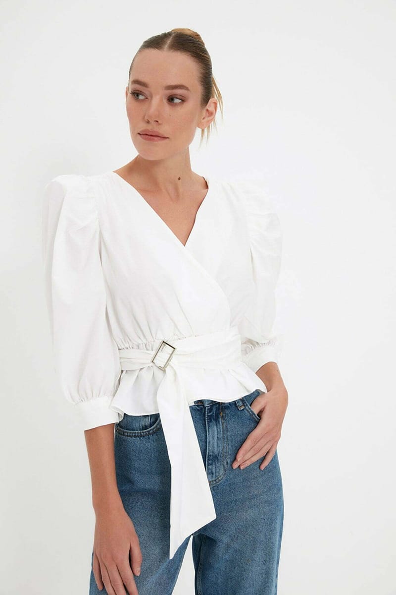 Solid Puff Sleeve Waist Tie-Up Wrap Top - Shirts & Blouses 43