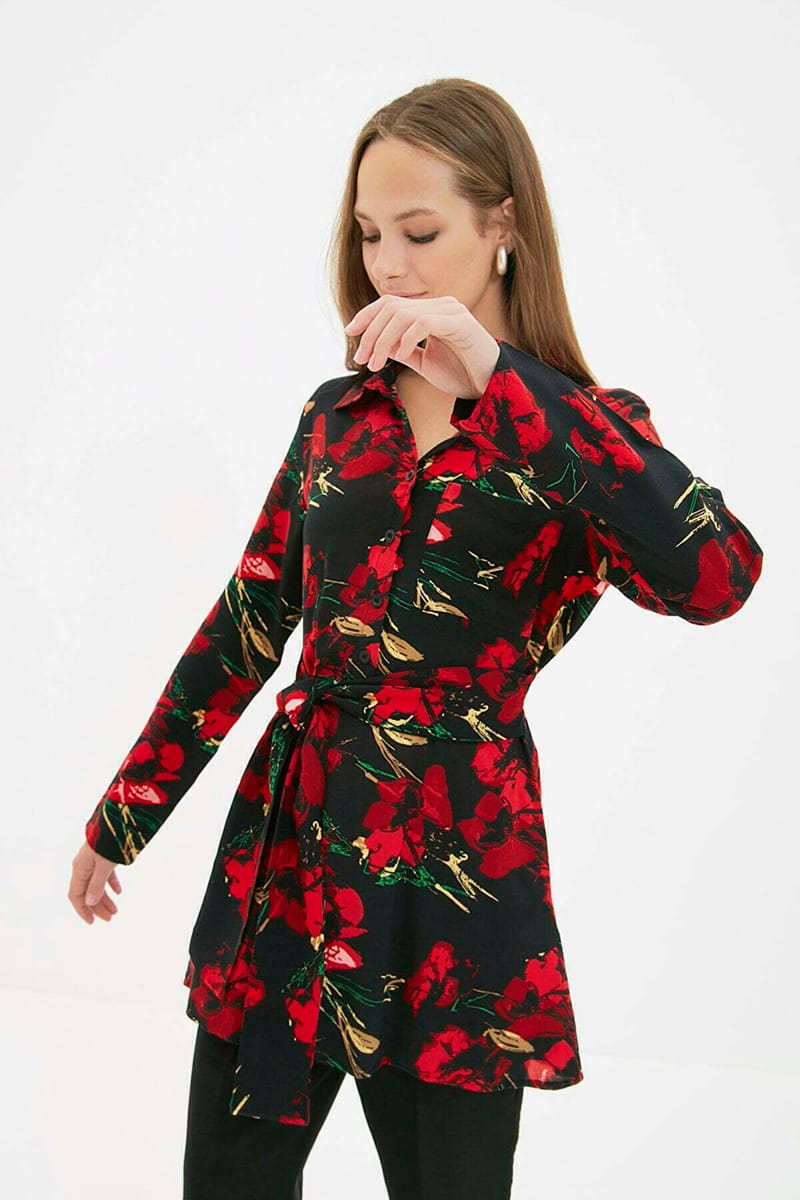 Shirt Collar Floral Patterned Belted Tunic - Tunics 17