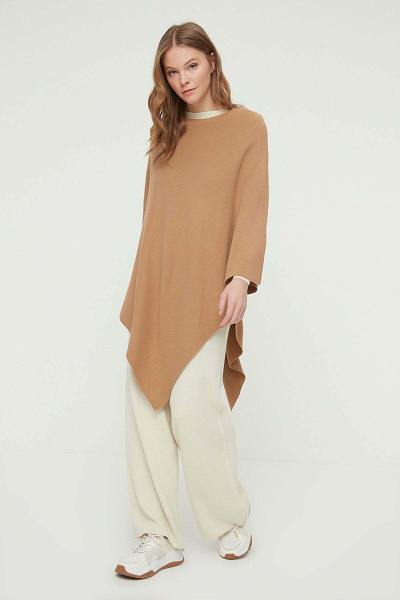 Camel Crew Neck Asymmetrical Poncho Sweater - Sweaters 11