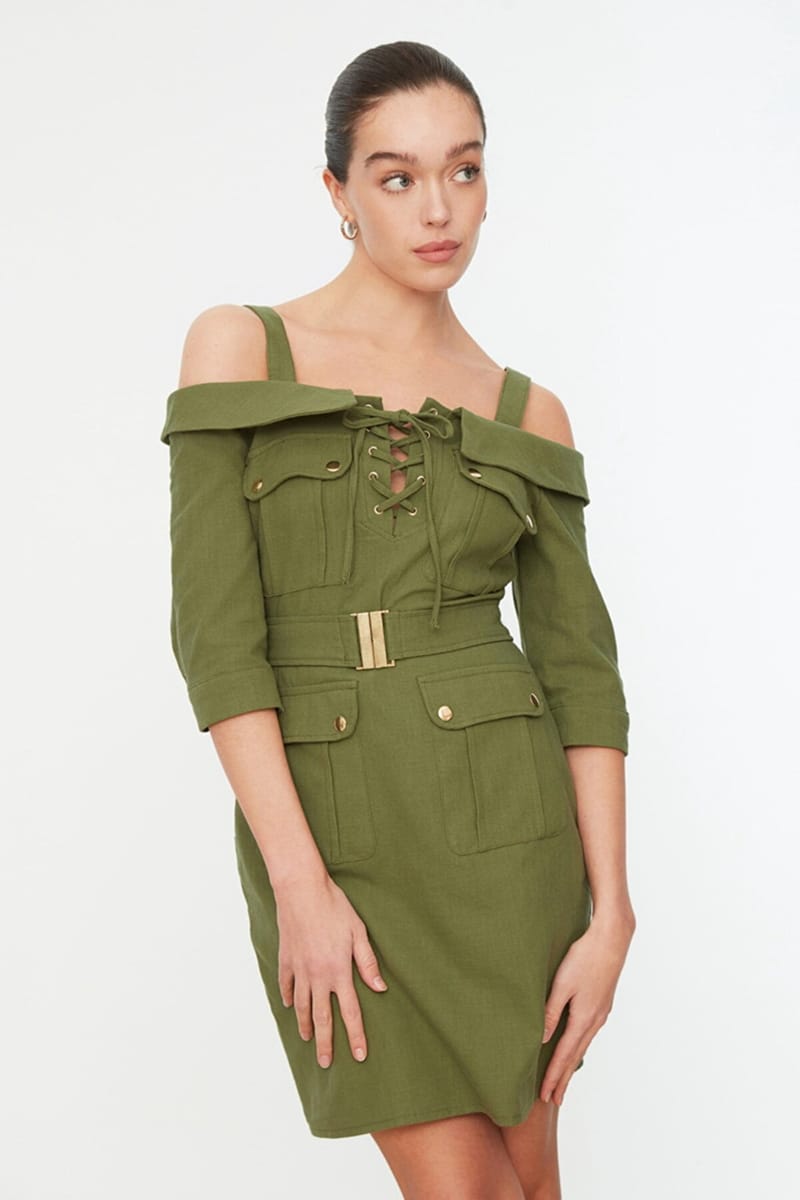 Lace Up Detail Cold Shoulder Dress - Mini Dresses 21