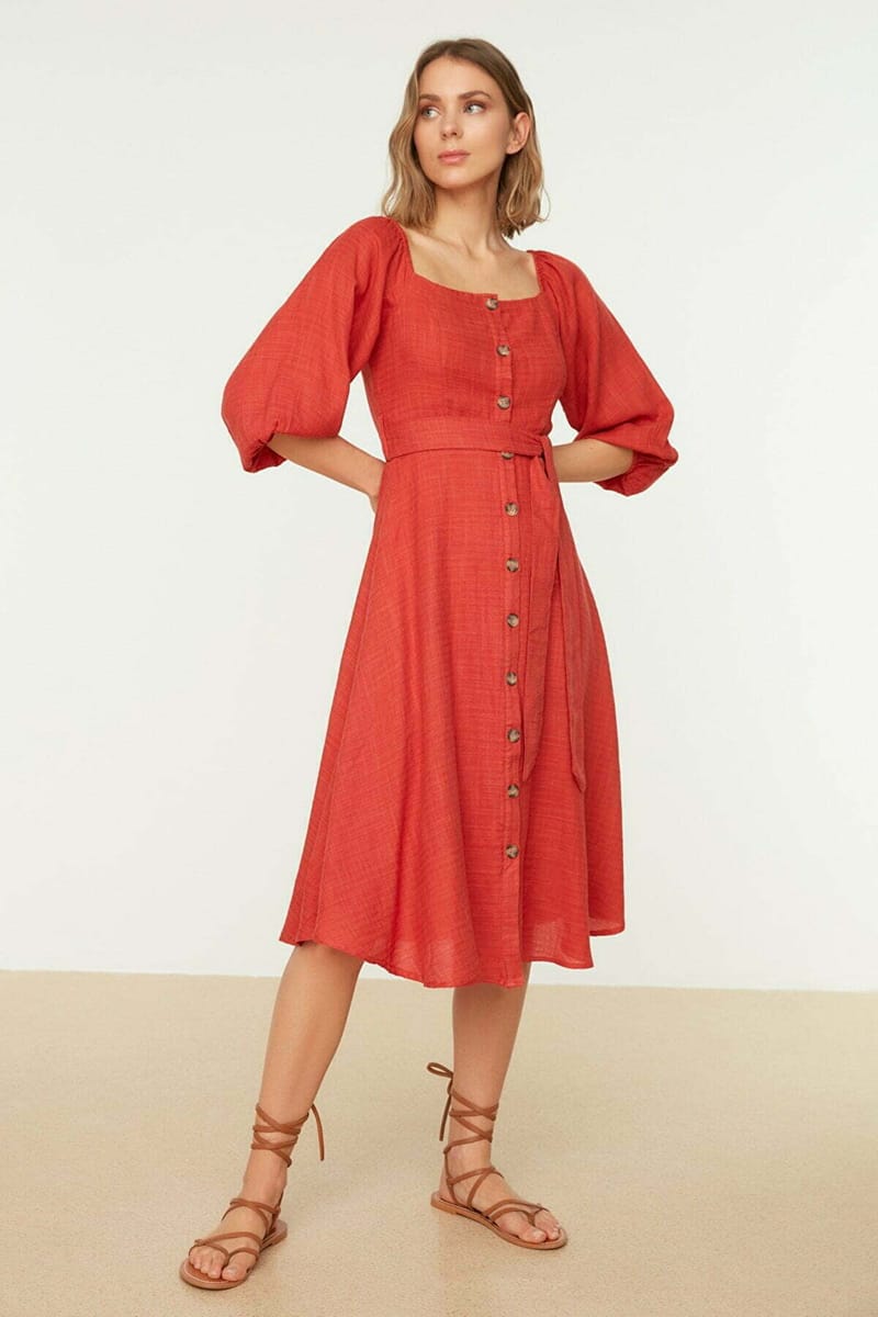 Balloon Sleeve Dress - Midi Dresses 25